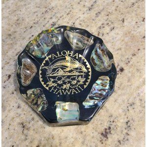Vintage Hawaii Aloha Dolphin Hibiscus Ash Tray or Soap Dish. Black Gold